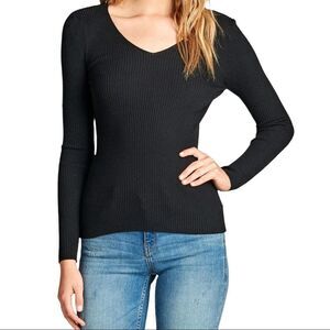 AX Armani Exchange Jet Black Rayon Black Ribbed V Neck Sweater Size L